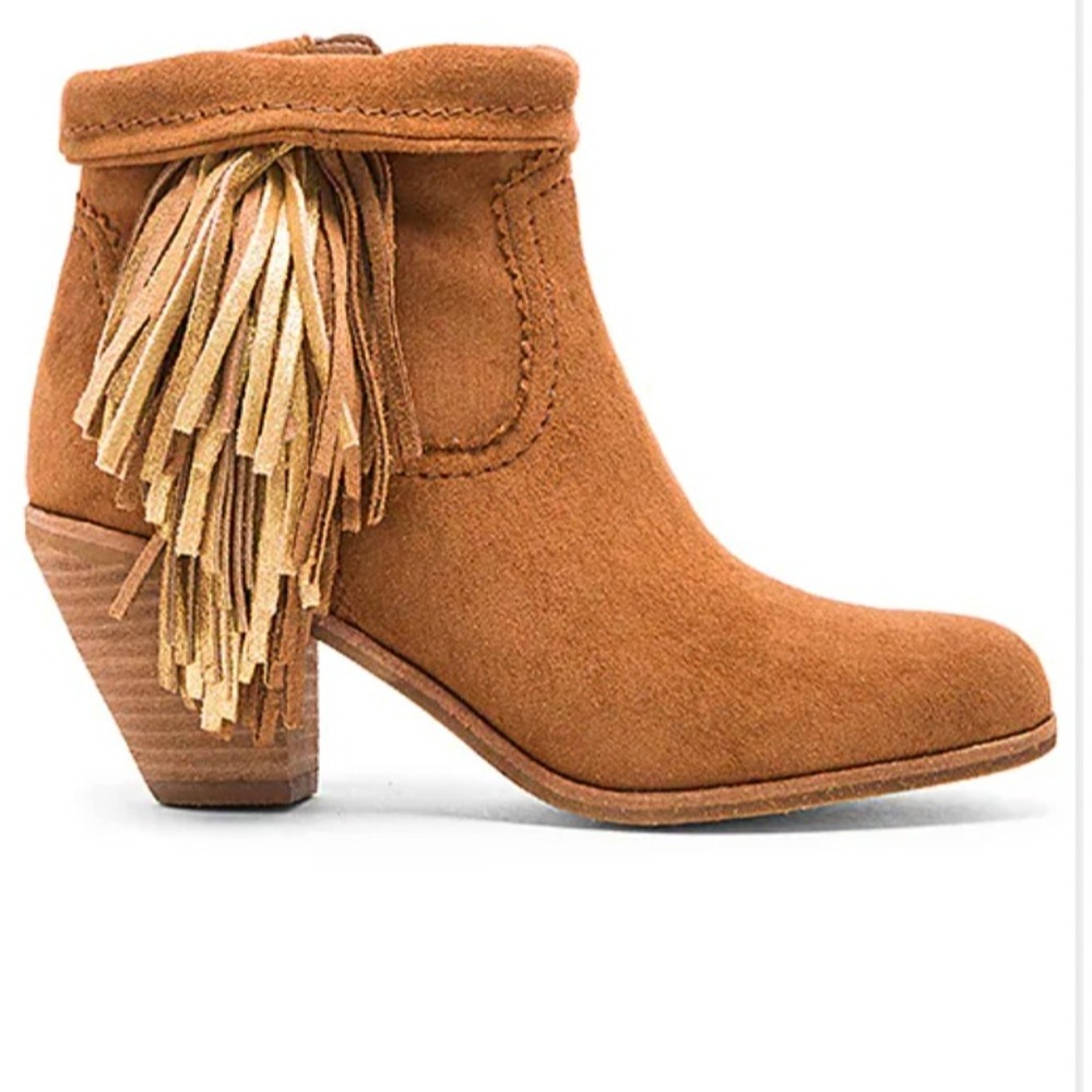 Sam‎ Edelman Tan Suede Gold Fringe Ankle Boots Western Brown Boho Womens 8